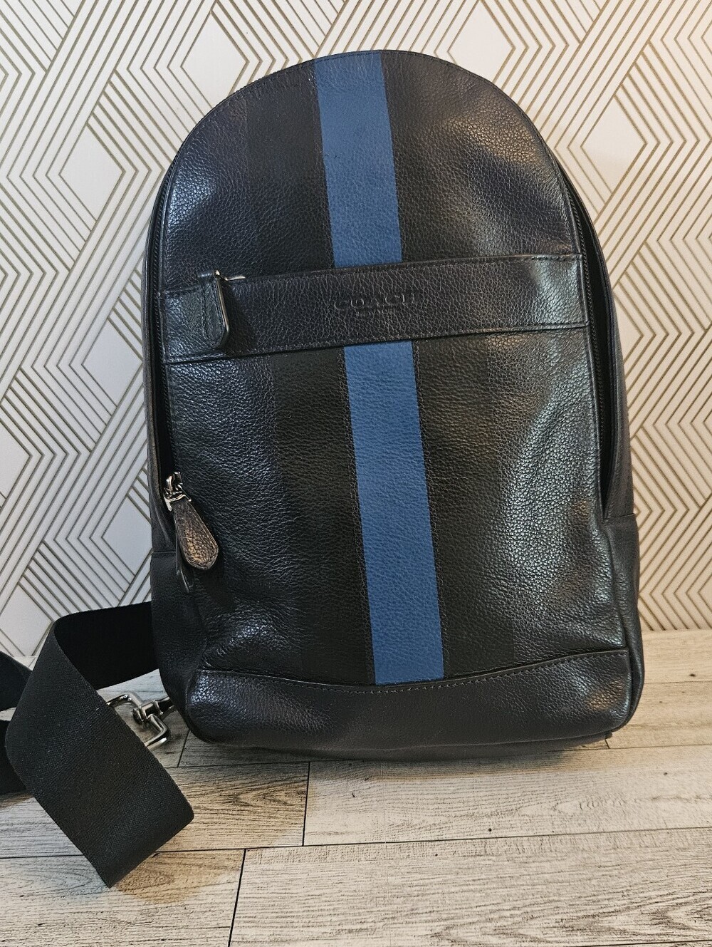 Coach F72226 Charles Pack Varsity Leather Sling Crossbody Bag Black Blue Stripe